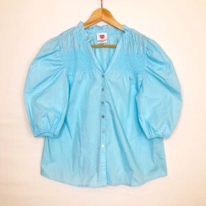 Hester & Orchard Blue puff sleeve, smocked detail button down blouse